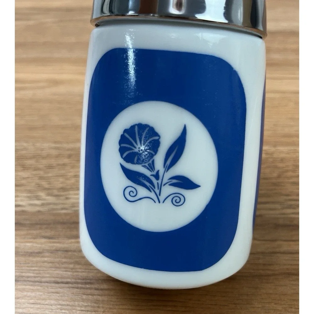 Vintage MCM Dispeners Inc Sugar Dispenser Milk Glass Blue Morning Glory